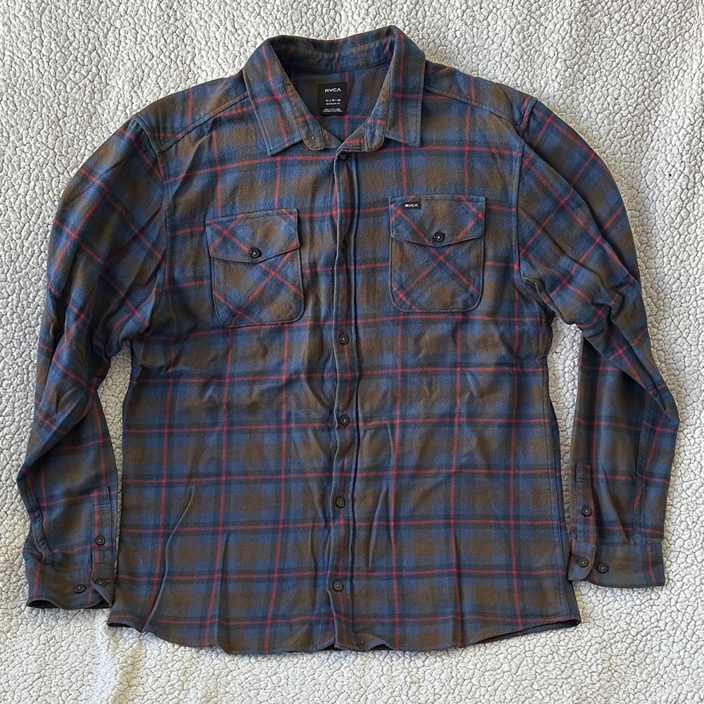 RVCA Men's Casual Blue and Brown Checkered Shirt